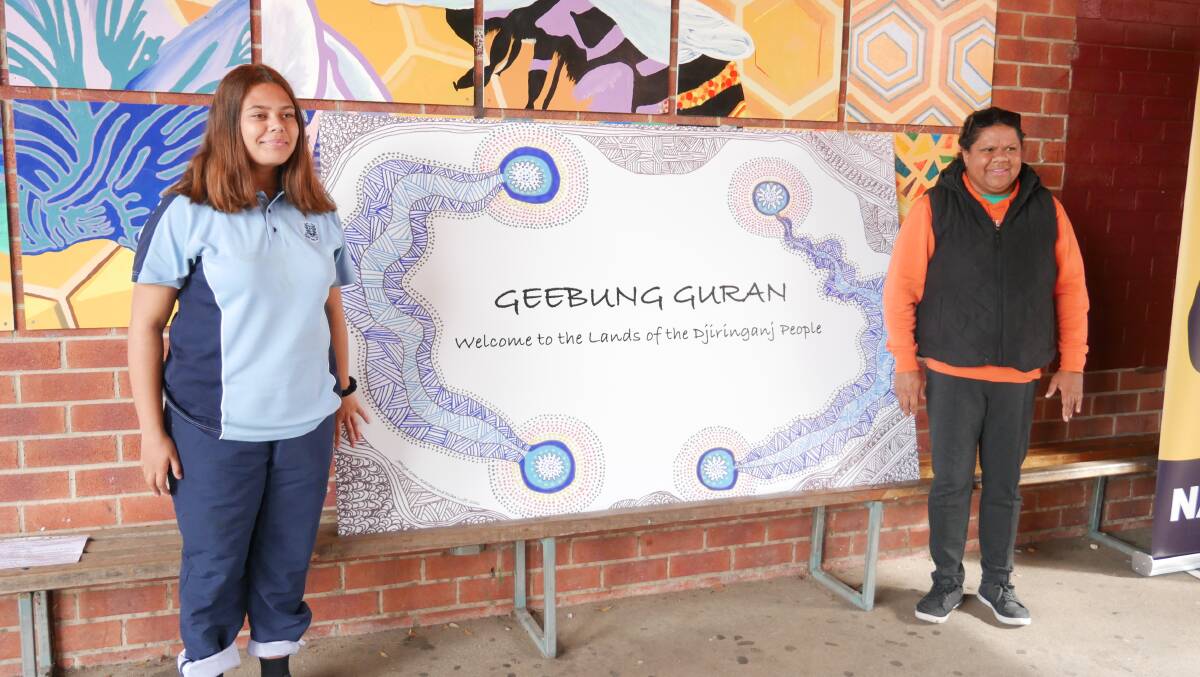 BHS student Jakiya with Indigenous Education Officer Erika Luff who created the artwork for the new sign together. 
