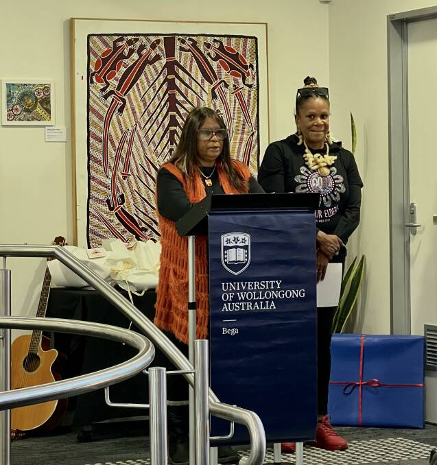 Aunty Ellen Mundy and Bronwyn Luff present the new Djiringanj Community Learning Resource and Artwork at the UOW Bega campus, July 25, 2023. Picture supplied.