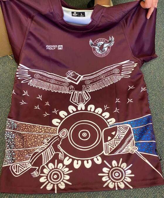 The front design of Tathra Rugby League Juniors club's new Indigenous jerseys, created by local Indigenous artists Marcus Mundy and Lucinda Thurston. Picture supplied. 
