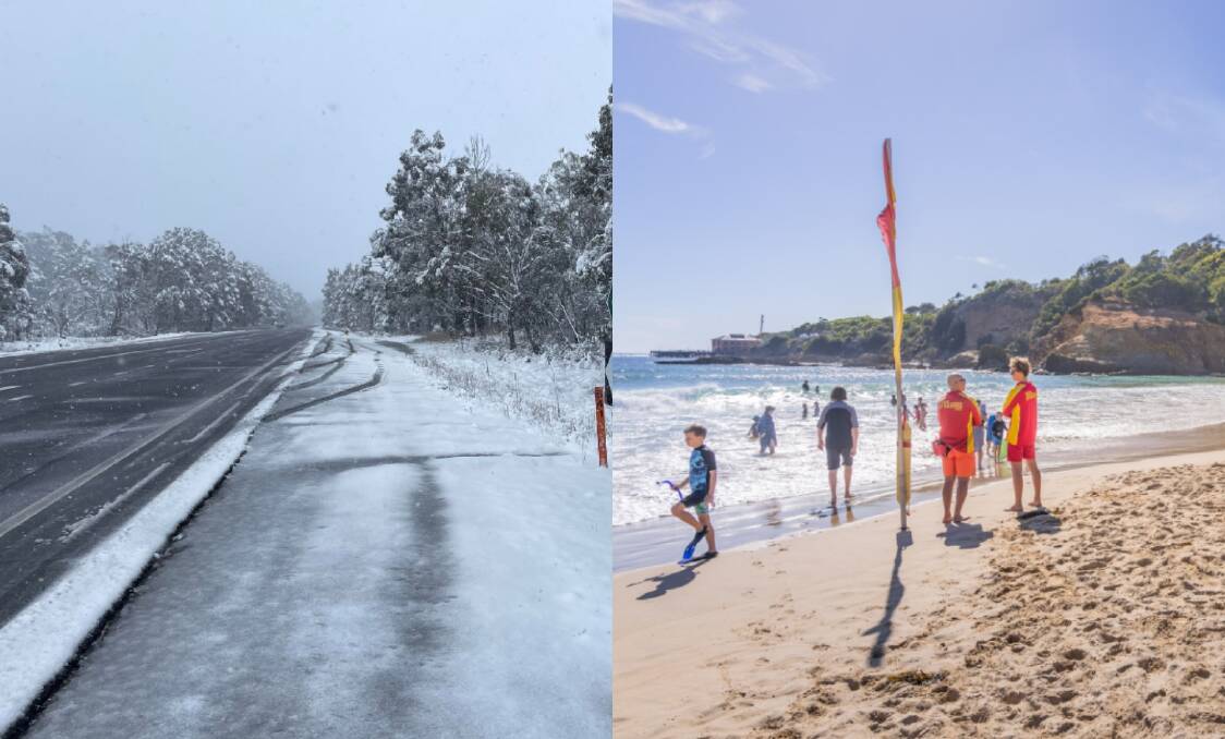 From snow to hot summer temperatures - 2023 spring has started with volatile weather patterns for the South Coast. Picture on the left supplied, picture on the right by David Rogers. 