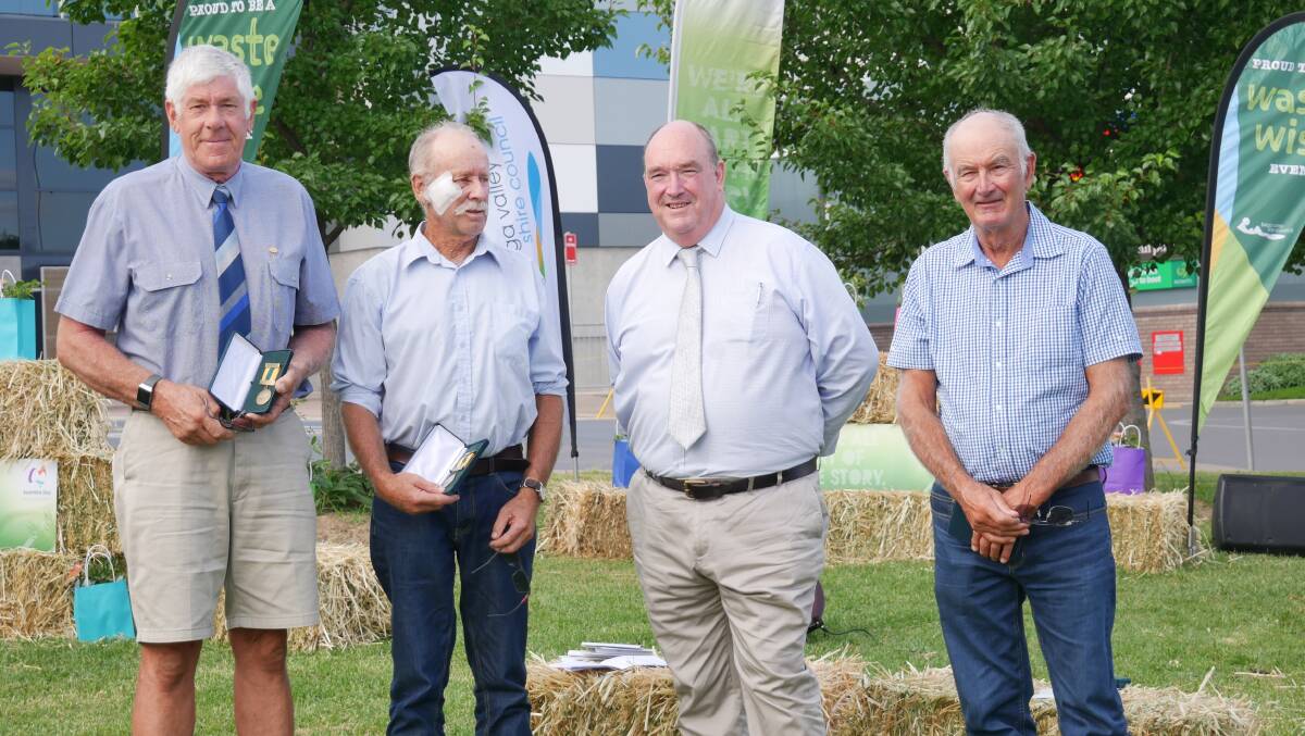 Awardees Greg Holland, Ron Cole and Will Mead with Bega Valley Shire Mayor Russell Fitzpatrick. Photo: Ellouise Bailey 