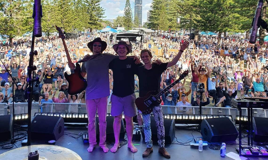 The Swamp Stompers playing Blues on Broadbeach in Queensland. Right to left is Luke Ligtenberg, Ben Lambert, and Corey Legge. Picture by Veneita Delaney