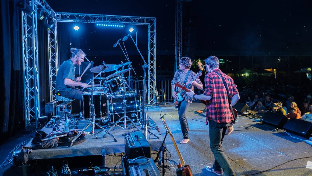 The band playing at Mitchell Creek Rock n Blues Festival QLD, with Corey, Luke, and Oli Morley-Sattler as band members. Picture by what.i.see.photography