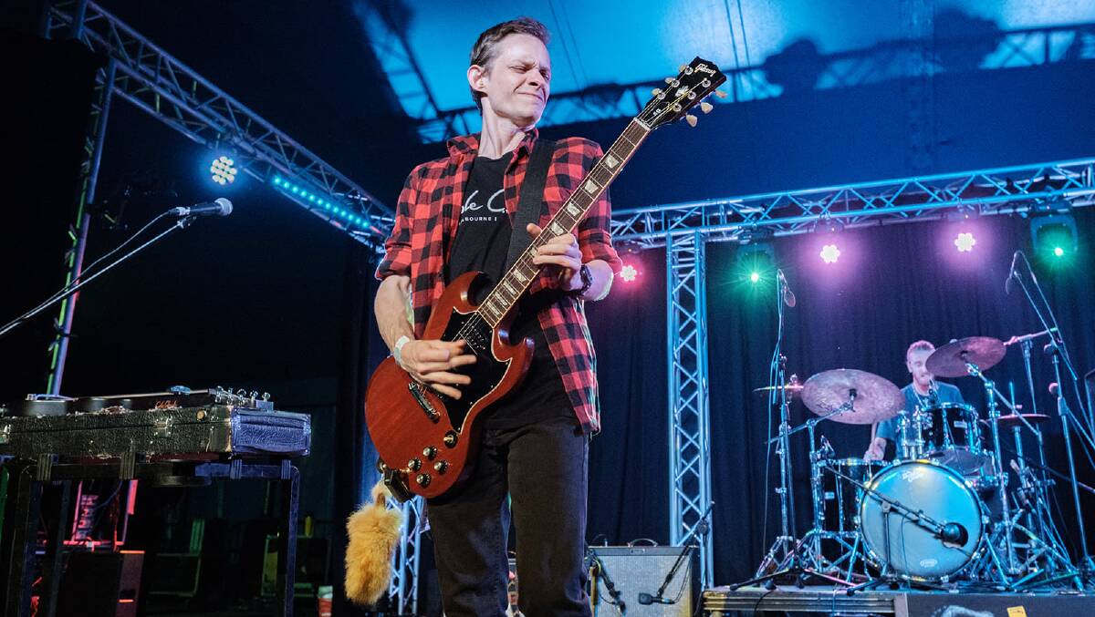 Corey Legge on electric guitar playing with the Swamp Stompers at the 2022 Mitchell Creek Rock n Blues Festival QLD. Picture by what.i.see.photography 