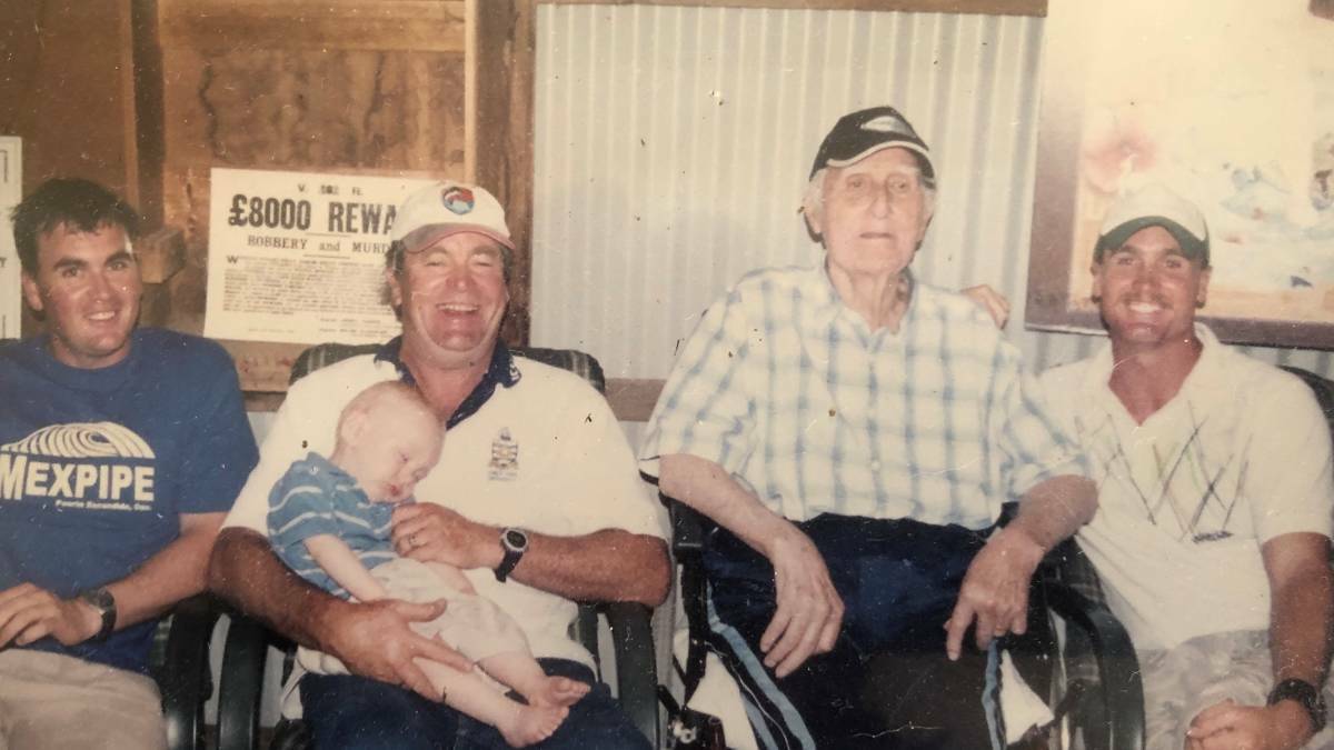 Bill Dudley (second from left) with his father Sergeant Bill Dudley (second from right, shortly before his death), and sons Mark (left) and Brad (right) and grandson Sonny. Picture supplied