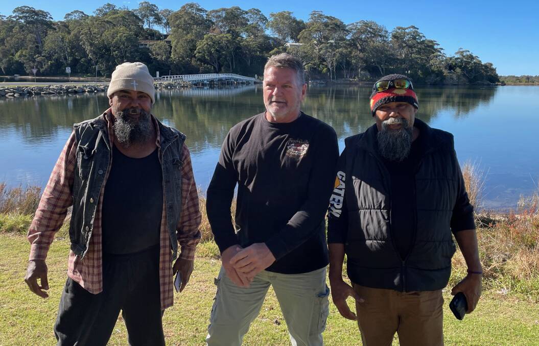 From left to right: Paul Campbell, Gordon Patterson, president of the Bermagui Area Chamber of Commerce and Tourism, and Gary Campbell, a board member of the Merrimans Local Aboriginal Land Council. Picture by Marion Williams.
