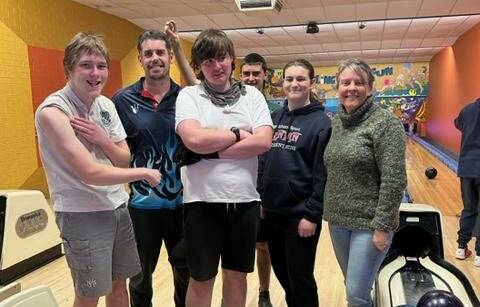 Narooma High School's tenpin bowling team Locquinn Bolte, Justin Hewell Harkness, Bryce Walters-Lowen and Arlo Davis with staff members Todd Wright and Melanie Austin. Picture supplied