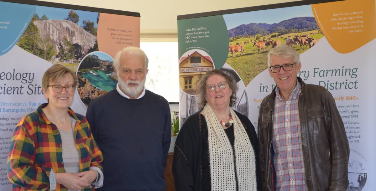 Members of the Tilba District History and Culture working group: Bronwen Harvey, David Oliphant, Cathie Muller and Grant Harrison. They are standing in front of banners developed for the Tilba District - Our Living History project. Picture supplied. 