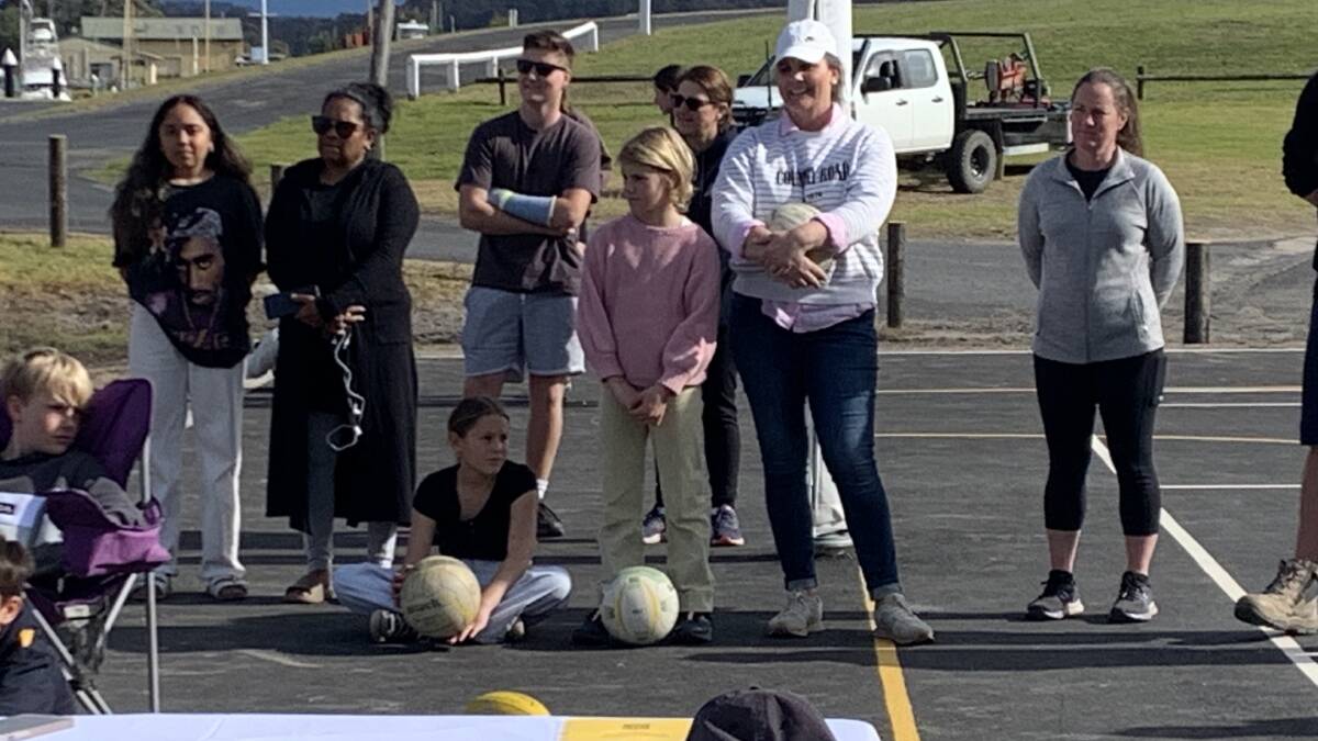 Requia Campbell with her mother (left) with Brooke (in white hat) the committee's secretary who played a role in getting the grant for Bermagui's new netball and basketball courts and Kristy (far right) the committee's treasurer and a member since they received the grant. Picture supplied
