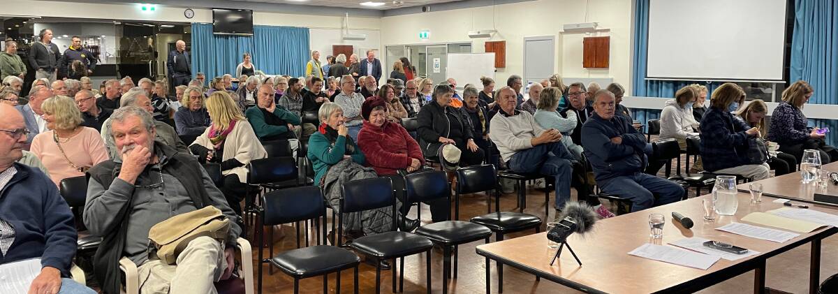 Well over 100 people attended a community forum in Bermagui on July 25 to explain the impact of Wallaga Lake Bridge's closure on their lives and livelihoods. Picture by Marion Williams