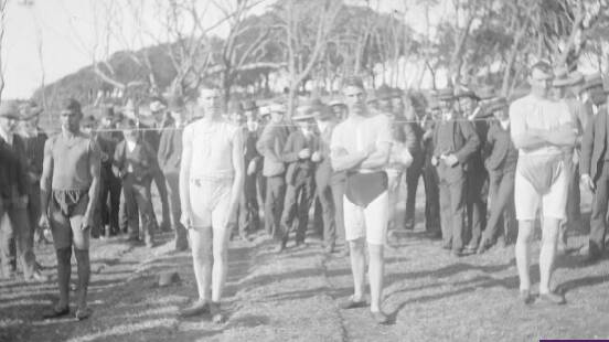 Preparing to start a footrace on sports day at Corunna. Taken by Tilba's William Corkhill circa 1905. Picture courtesy of National Library of Australia nla.pic.an2499340