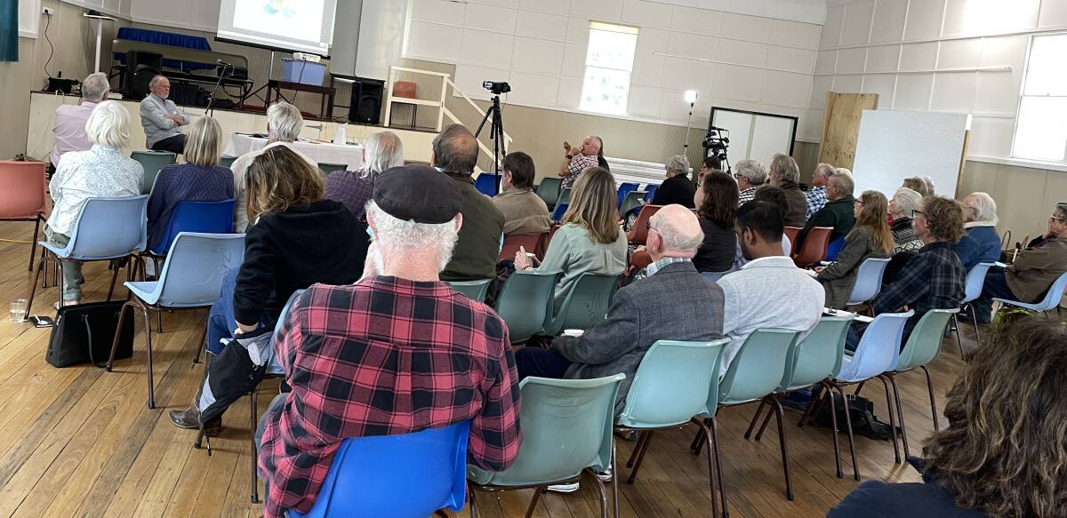 Geoff Pryor, president Tilba Environment Landcarers, addressed the community forum in Tilba Central Hall on Monday afternoon, October 17. Picture by Marion Williams