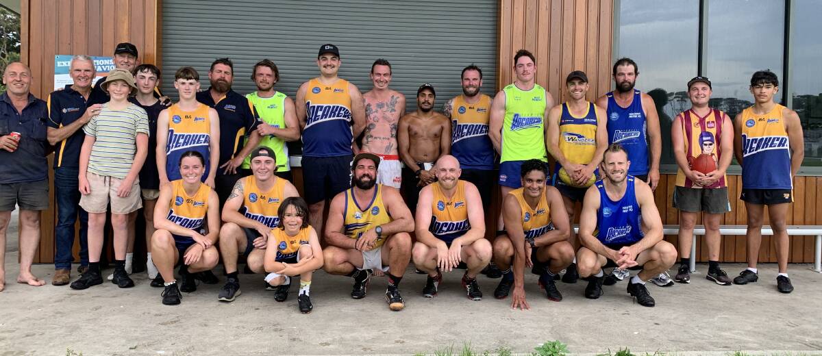 The first training run for the Bermagui Breakers seniors team on Wednesday, January 3, included some new faces: Nicko Sedjwick, Nick Lazaro, Trevor Thomas and former AFL player Travis Tuck. Picture by Kylie Scott