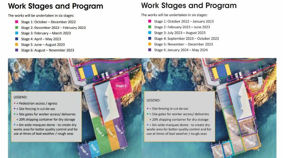The original (left) and updated (right) Work Stages and Program of the Tathra Wharf Restoration. Picture supplied. 