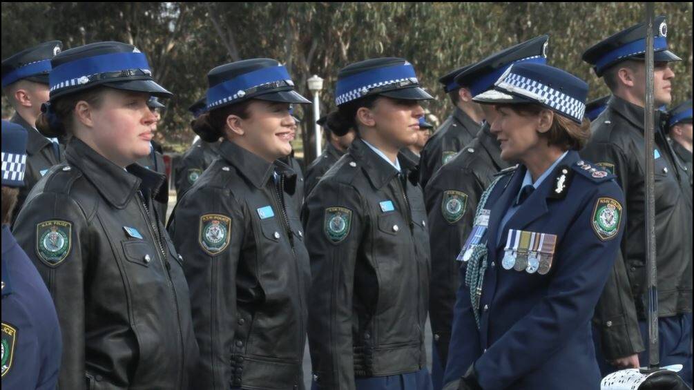 NSW Police Commissioner Karen Webb APM chats with new recruits during the attestation at the Goulburn Police Academy. Picture supplied.