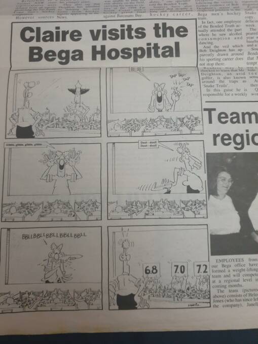 Old newspaper clipping from the Bega District News about Claire visiting the Bega Hosptial. Picture supplied