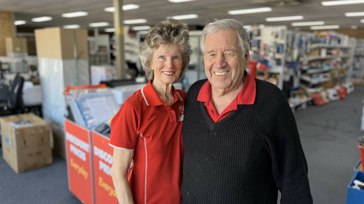 Ruth and Lex Marshall at Office Choice in Bega before they retire. Picture by James Parker