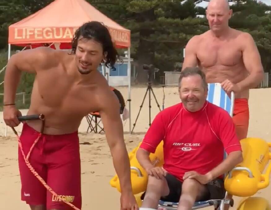 Tathra lifeguards Tony and Max take John Mason out for an adventure in the waves