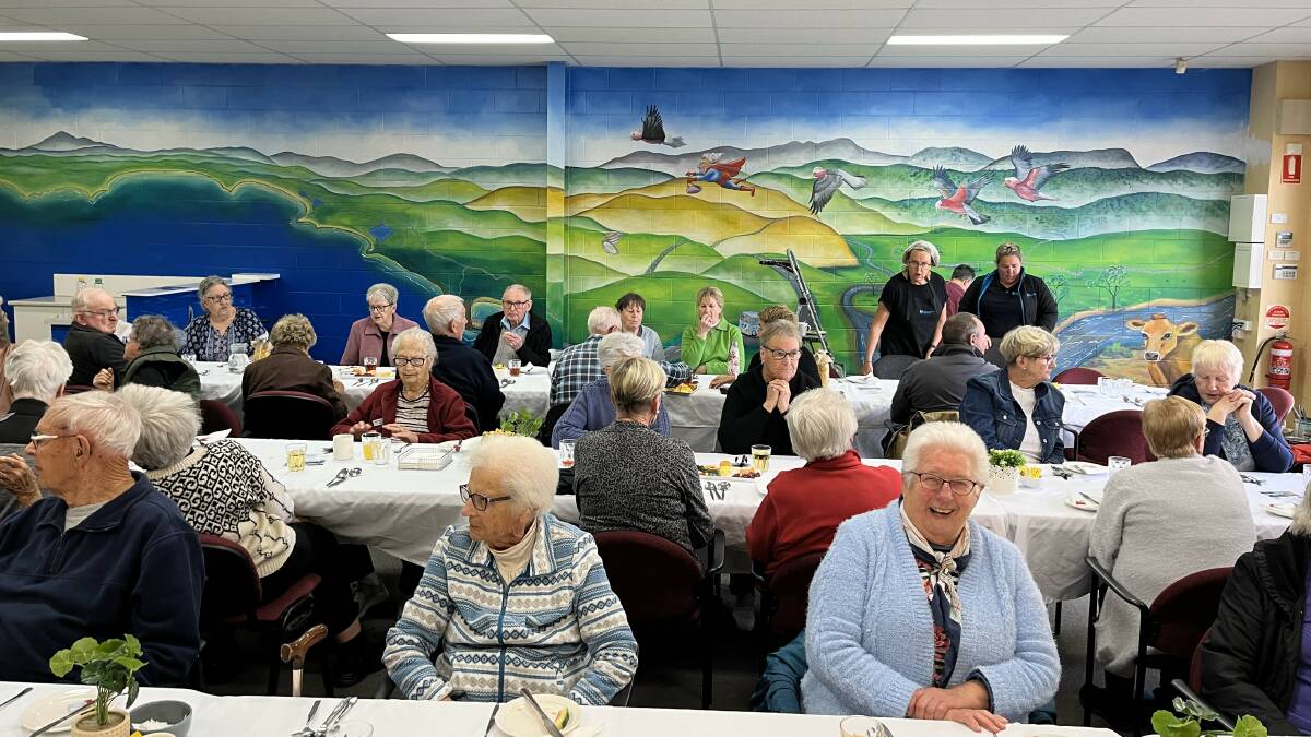 The mural adds colour and character to the complete side wall of Bega Valley Meals on Wheels Co-operative. Picture by James Parker.
