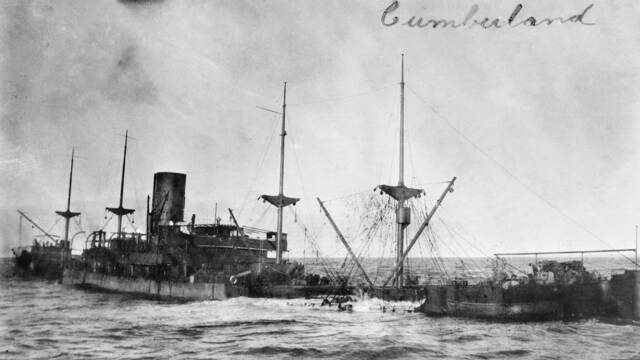 The wreckage of SS Cumberland off Gabo Island after hitting one of several mines which had been laid by the German raider Wolf. Picture from Australian War Memorial Photograph Collection