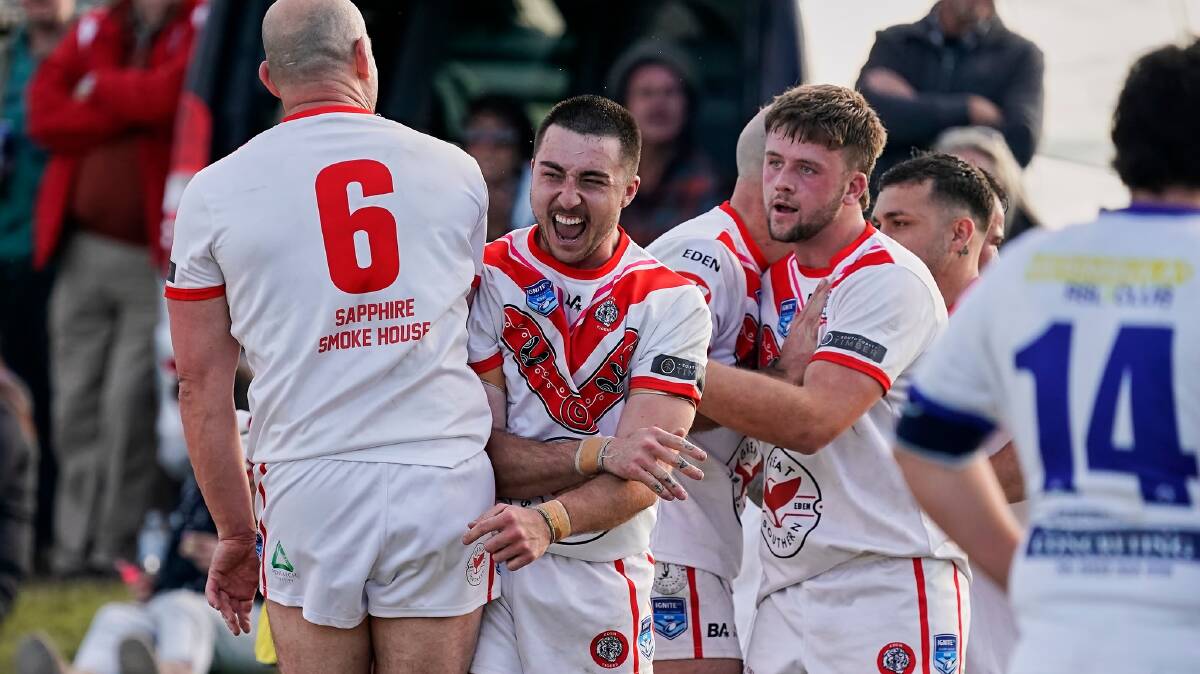 Eden's Rhyse Grewar celebrates one of his two tries scored against Merimbula-Pambula on Sunday. Picture by Razorback Sports Photography