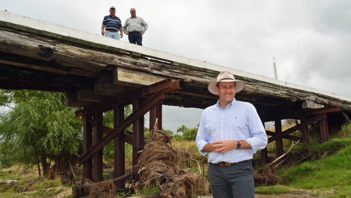 NSW Minister for Regional Transport and Roads Sam Farraway visits Murrabrine Bridge at Cobargo with councillor Tony Allen and Mayor Russell Fitzpatrick. Picture by Ben Smyth