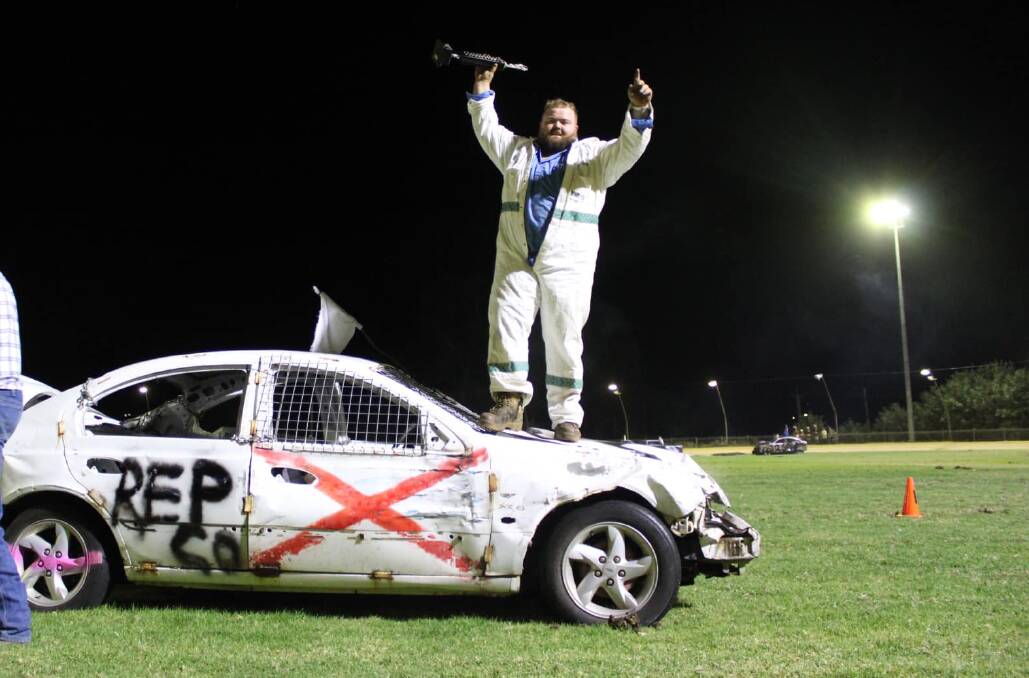 Celebrating a win in the Bega Show 2023 Demolition Derby. Picture by Matthew Hughes