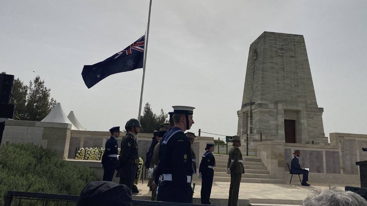 Gallipoli's Lone Pine memorial service on Anzac Day 2024 with the Australian flag at half mast. Picture by Stephen Mills