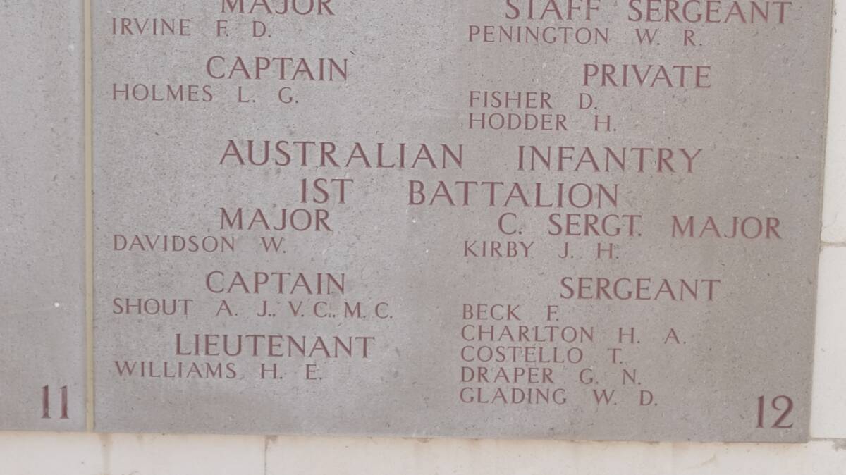 Ferdinand Beck's name at Lone Pine in the first battalion - alongside Shout VC. Picture by Stephen Mills