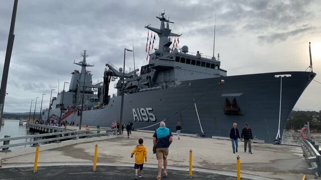 HMAS Supply during a visit to its ceremonial home port of Eden. Picture by Mark Brookes