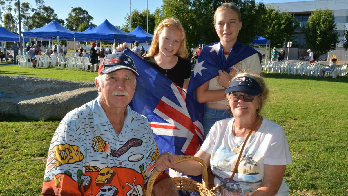 Sue and Ray Cox with granddaughters Sarah Wheatley and Darcey Brown at the 2023 Australia Day ceremony in Littleton Gardens, Bega. Picture by Ben Smyth