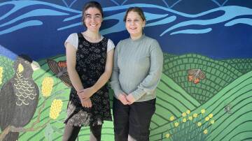 Artists Bianca Bellicanta and Lucinda Thurston with a section of their new mural at Tura Marrang Library. Picture by Ben Smyth