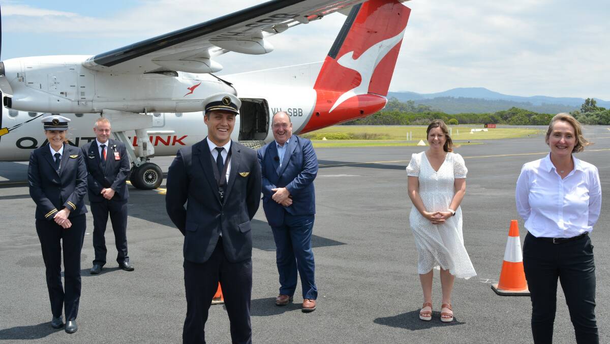 The first Qantas flight into Merimbula was in December 2020, with Qantas CFO Vanessa Hudson on board (far right) and welcomed by Mayor Russell Fitzpatrick and Member for Eden-Monaro Kristy McBain. Ms Hudson is now CEO. Picture by Ben Smyth
