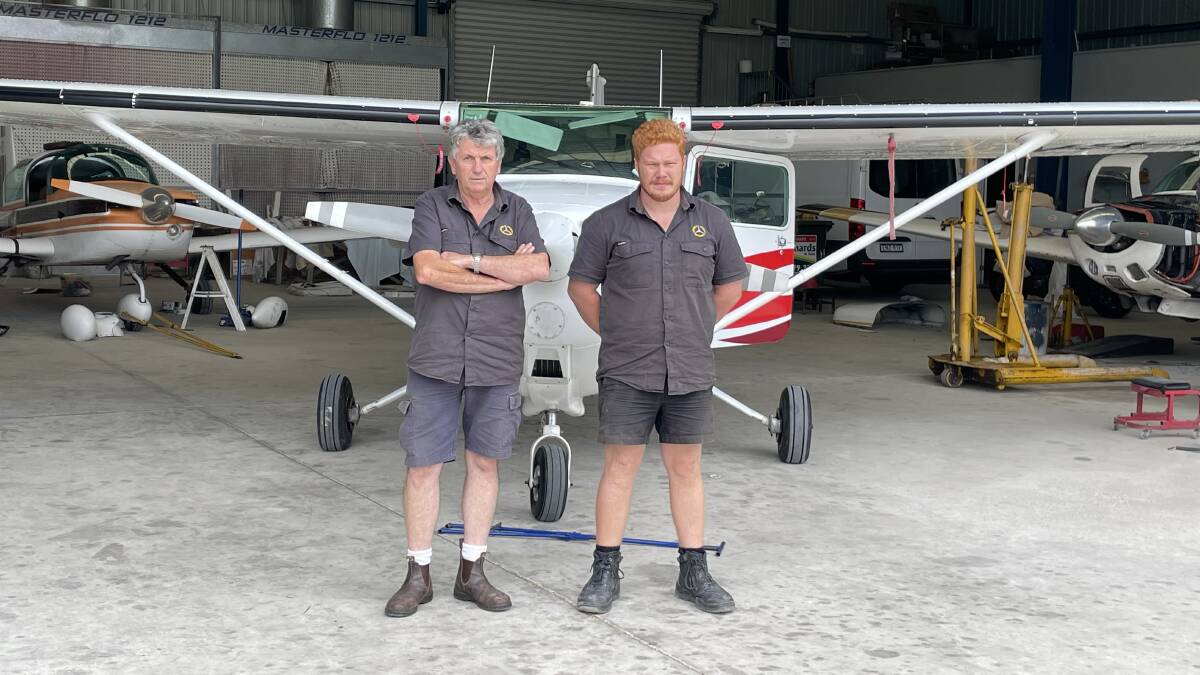 Rex Koerbin and apprentice Tom Burn at Merimbula Air Maintenance Merimbula Airport. File picture