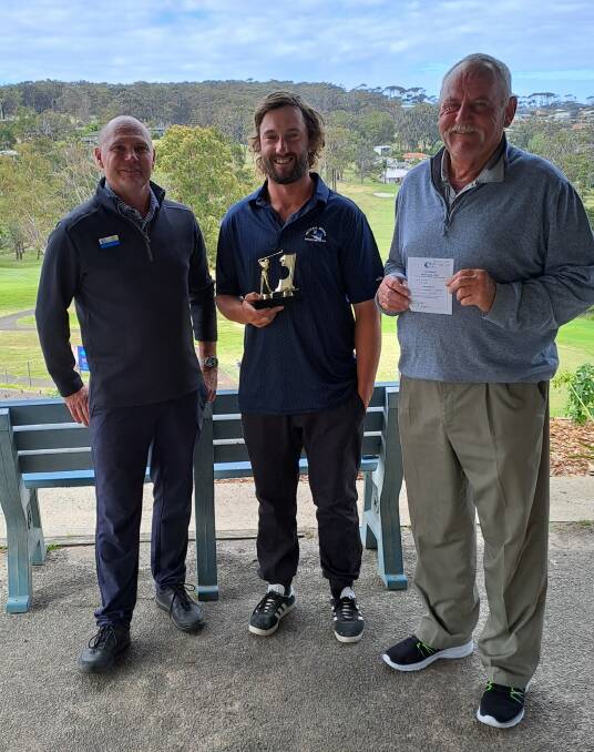 Nick Townsin from Sapphire Coast Golf School with hole-in-one winners Tom Lipham (Tathra Beach Country Club) and Phil Rolfe (Tura Beach Country Club). Picture supplied 