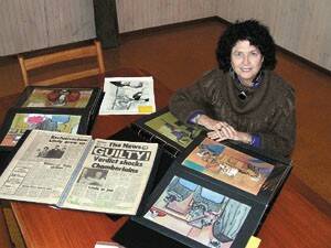 Tanja artist Veronica O'Leary with her collection of court drawings and newspaper clippings recording the trial of Lindy and Michael Chamberlain